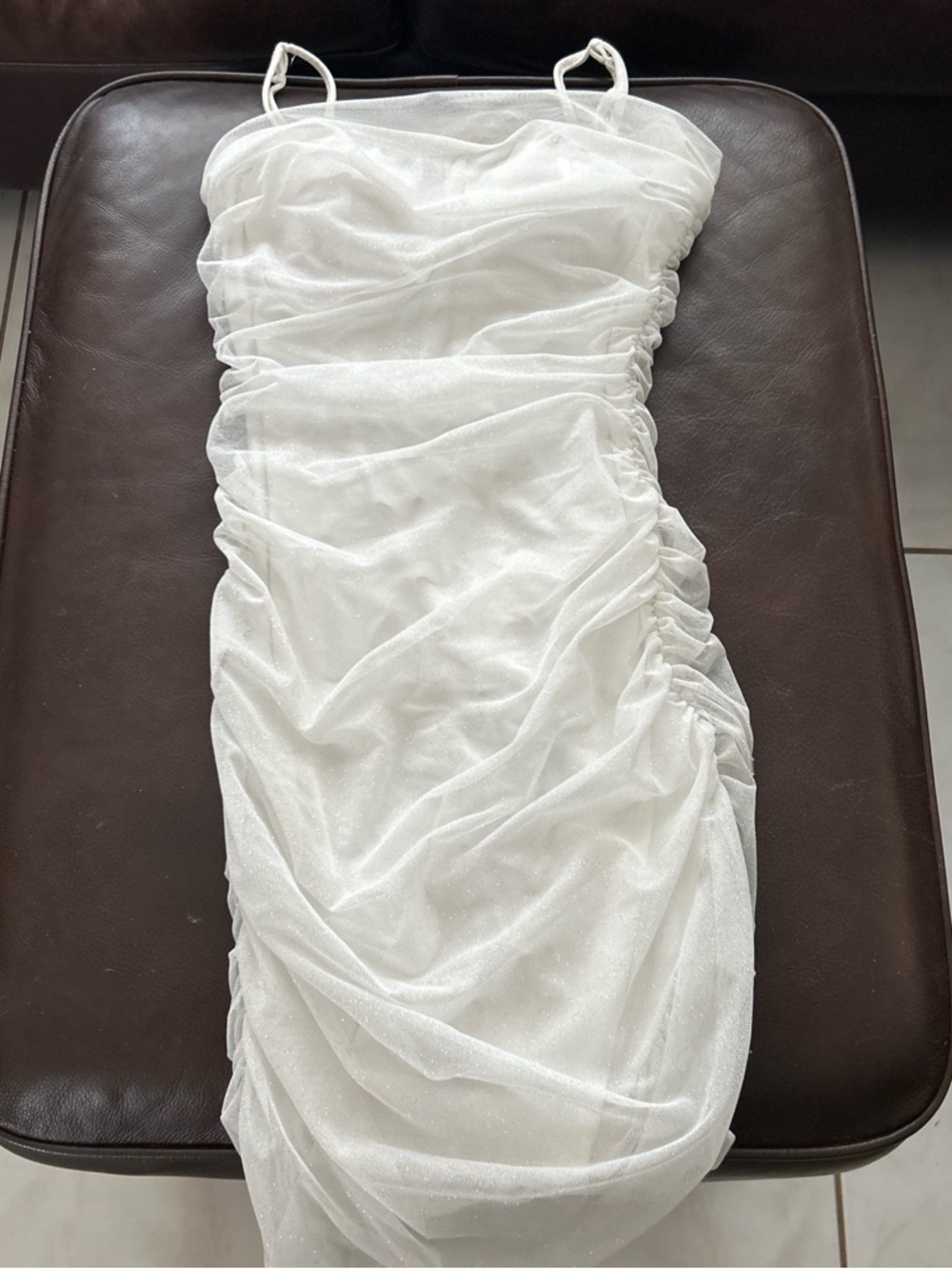 White Ruched Spaghetti Strap Dress